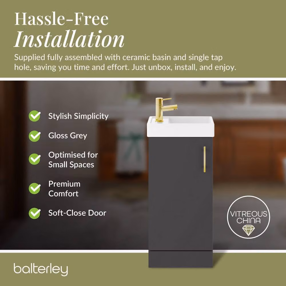 Balterley Gloss Grey Freestanding Floor Standing Vanity Basin with Brushed Brass Handle, Width: 40 cm – 5