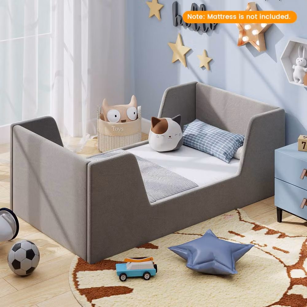 Costway Upholstered Toddler Bed Frame with Safety Rails and Headboard in Grey – 4