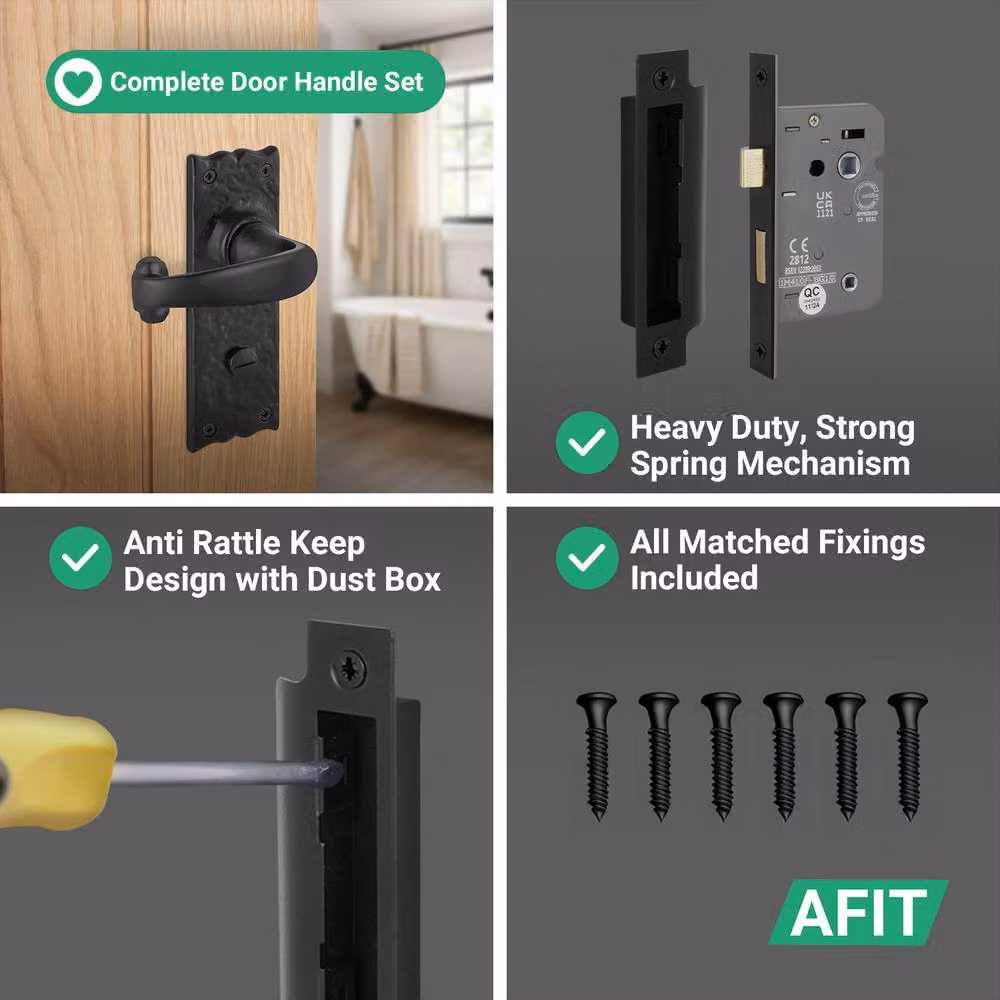 AFIT Black Antique Cast Iron Bathroom Door Handles with WC Lock, 1 Pair, W/H: 15 x 15 cm – 4