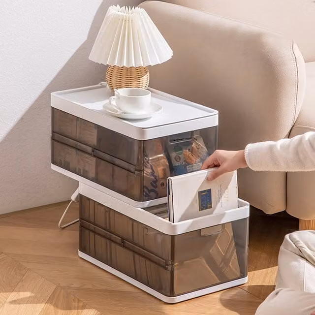 Livingandhome Foldable and Stackable Transparent Brown Plastic Clothes Organiser Storage Box