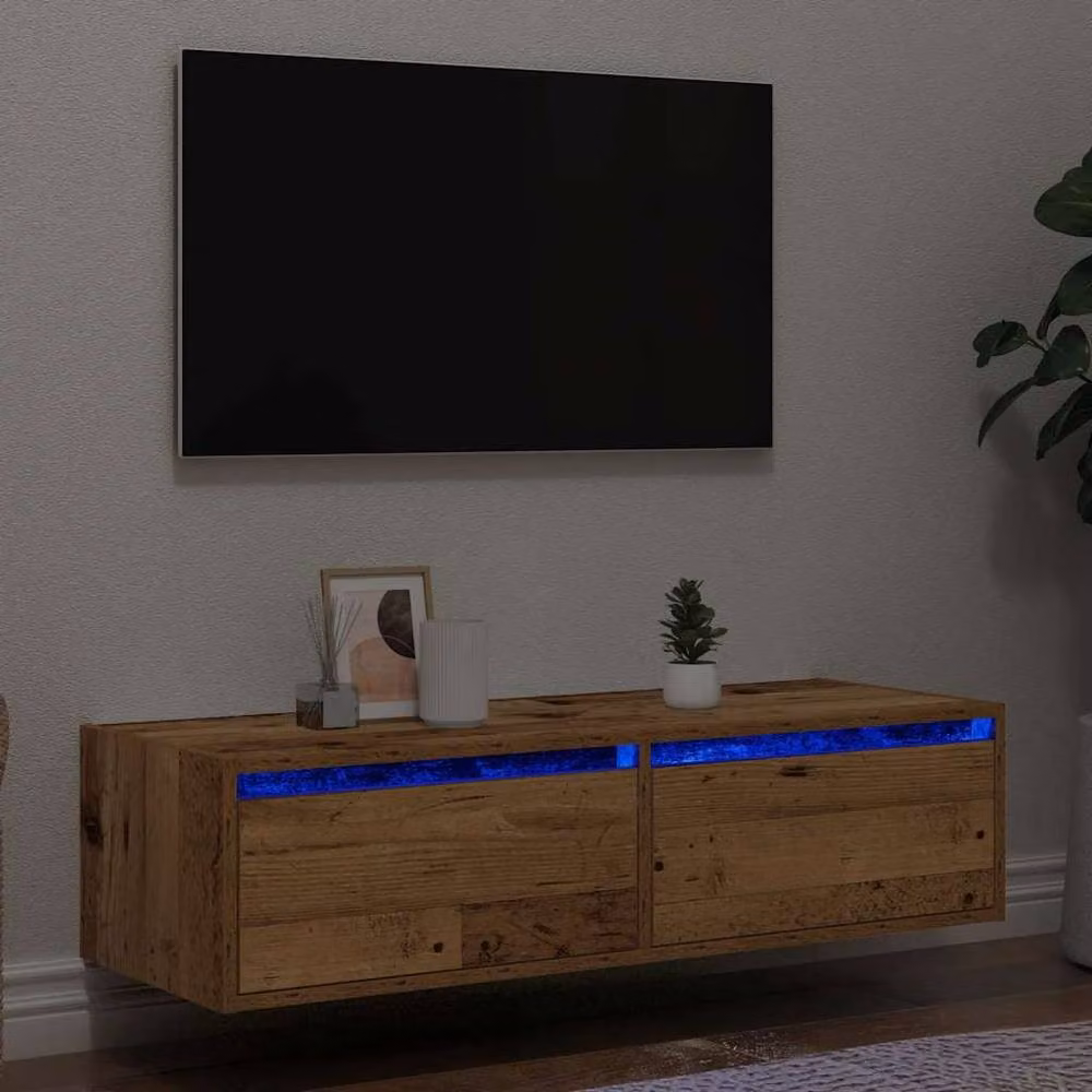 Berkfield Home TV Cabinet with LED Lights in Brown Old Wood, W: 100 cm, D: 35.5 cm, H: 25 cm – 2