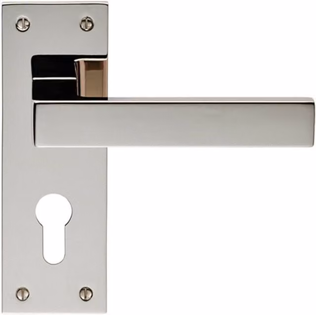 Loops Pair of Straight Square Lever on Euro Lock Backplate in Polished Nickel, W: 150 mm x H: 50 mm