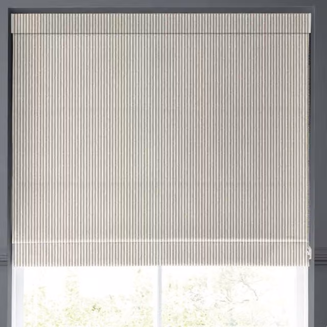 Emily Bond Oscar Stripe Made to Measure Blackout Roman Blind in Smoke Grey and Beige