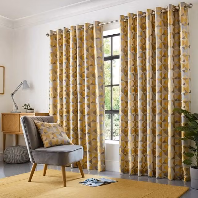 Alan Symonds Skandi Geometric Jacquard Fully Lined Eyelet Curtains in Yellow, Width: 229 cm, Drop: 183 cm