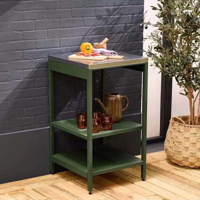 sweeek Green Outdoor Steel Kitchen with 2 Shelves, W: 49 cm, H: 87.5 cm