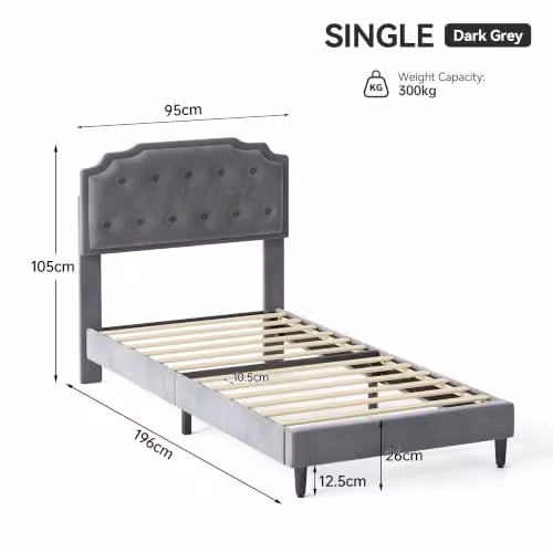MCC Direct Chelsey Single Velvet Upholstered Bed Frame with Tufted Headboard in Grey – 2