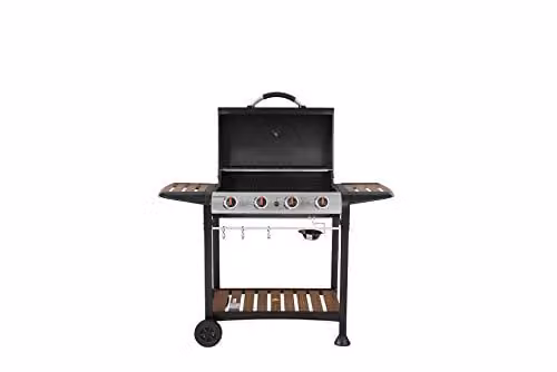 George Foreman 4 Burner Gas BBQ with Automatic Ignition, Integrated Thermometer and Wood Effect Shelves, Black