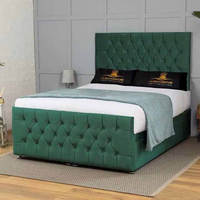 UK Bed Furniture Winchester End Lift Divan Ottoman Bed with 54 Inch Headboard in Green Velvet, W/D/H: 180 x 200 cm