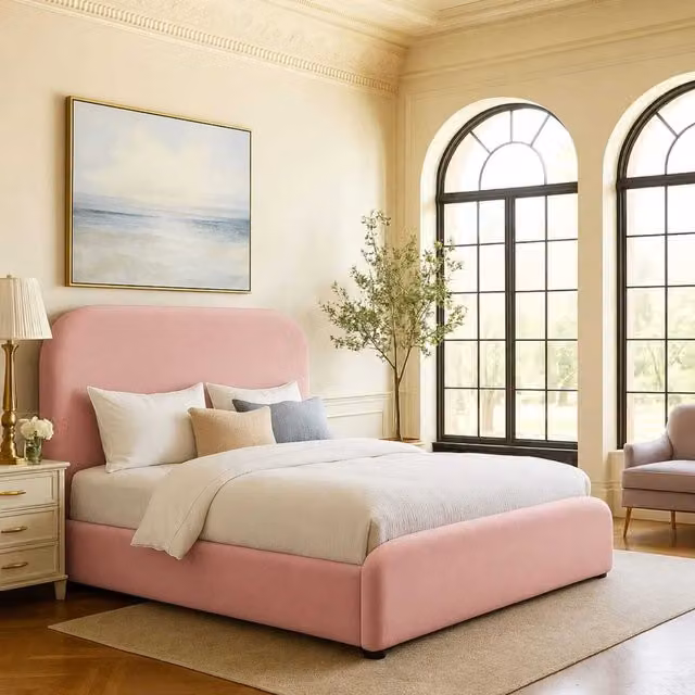 K Mehmood Enterprise Ltd Modern Pink Upholstered Bed Frame with Plain Fabric