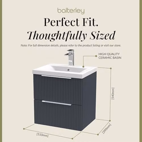 Balterley Wall Hung Bathroom Vanity Unit with Basin and 2 Soft Close Drawers, Fluted Front, Dark Grey, W: 51.0 cm, D: 39.0 cm, H: 54.0 cm – 2