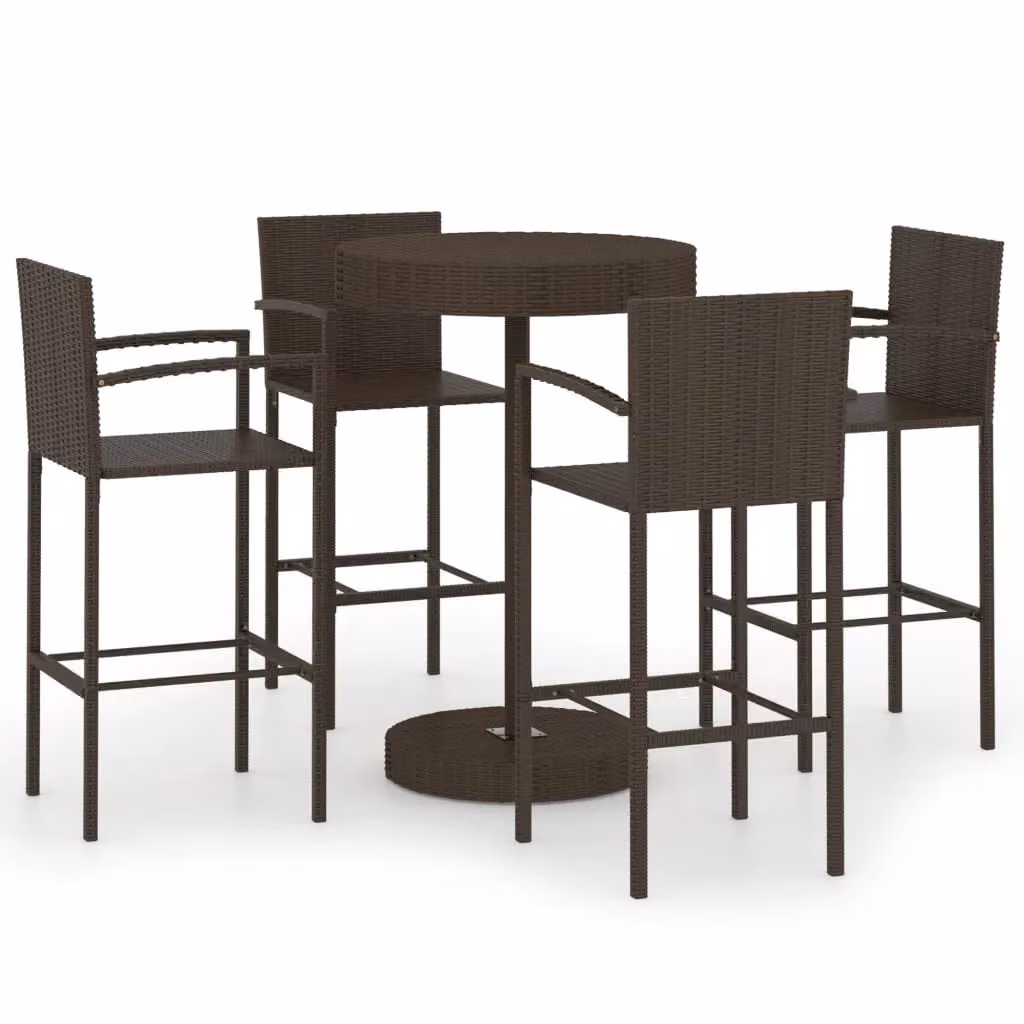 Berkfield Home 5 Piece Brown Poly Rattan Garden Bar Set with Round Table and Chairs – 2
