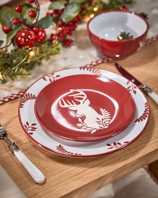Dibor 12 Piece Red and White Reindeer Ceramic Christmas Dinner Set for 4 Adults – 4