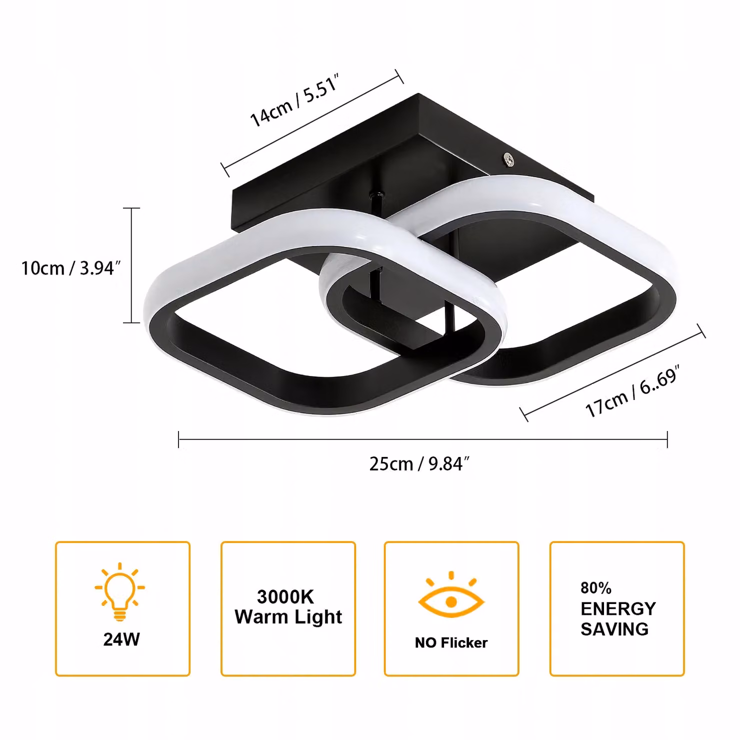 COMELY Modern Square LED Ceiling Light, 22W, Warm White 3000K, Black – 5