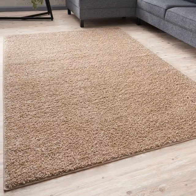 THE RUGS Beige Plain Soft High Pile Shaggy Rug, W: 180 cm, D: 270 cm