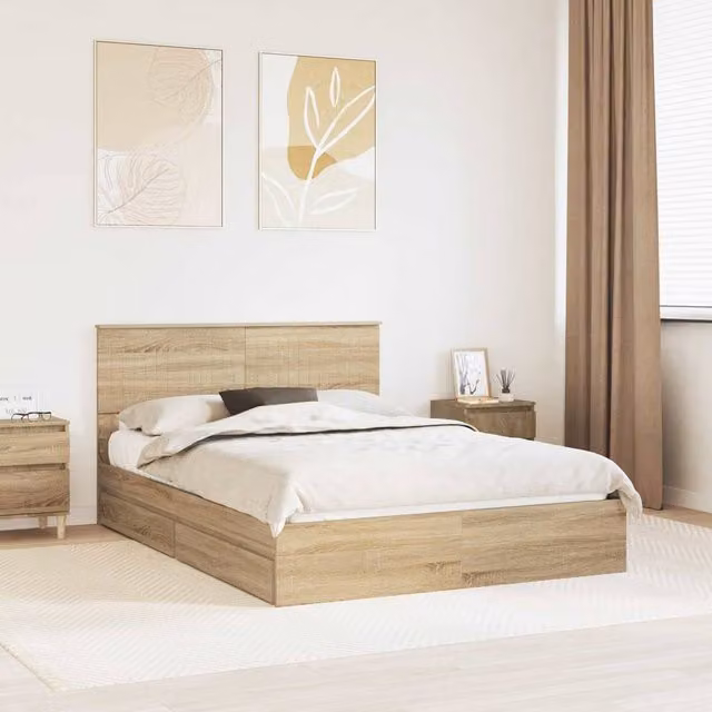 Berkfield Home Sonoma Oak Storage Bed with Drawers in Brown, W/D/H: 140 x 200 cm