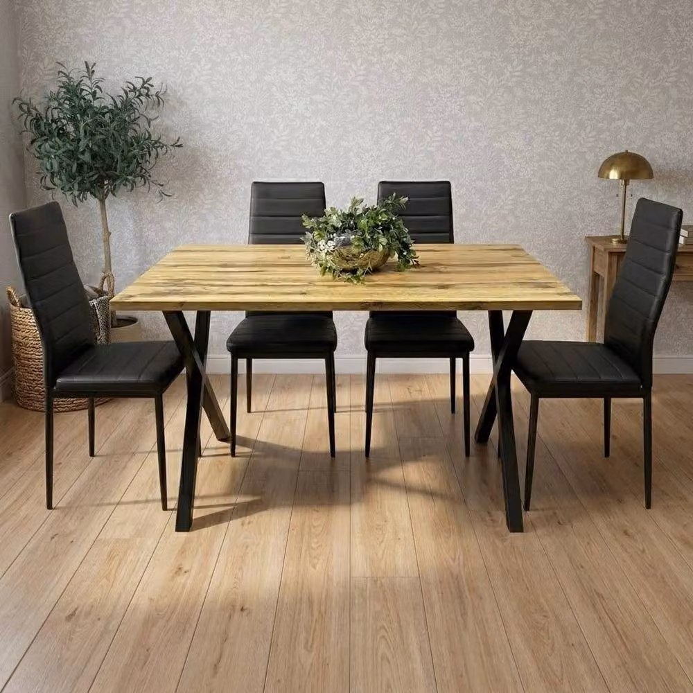 KOSY KOALA Brown Wooden Rectangular Dining Table with 4 Black Leather Chairs – 2