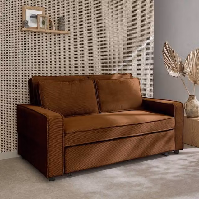sweeek 2-Seater Corduroy Sofa Bed in Brown with Pull-Out Frame and Scatter Cushions