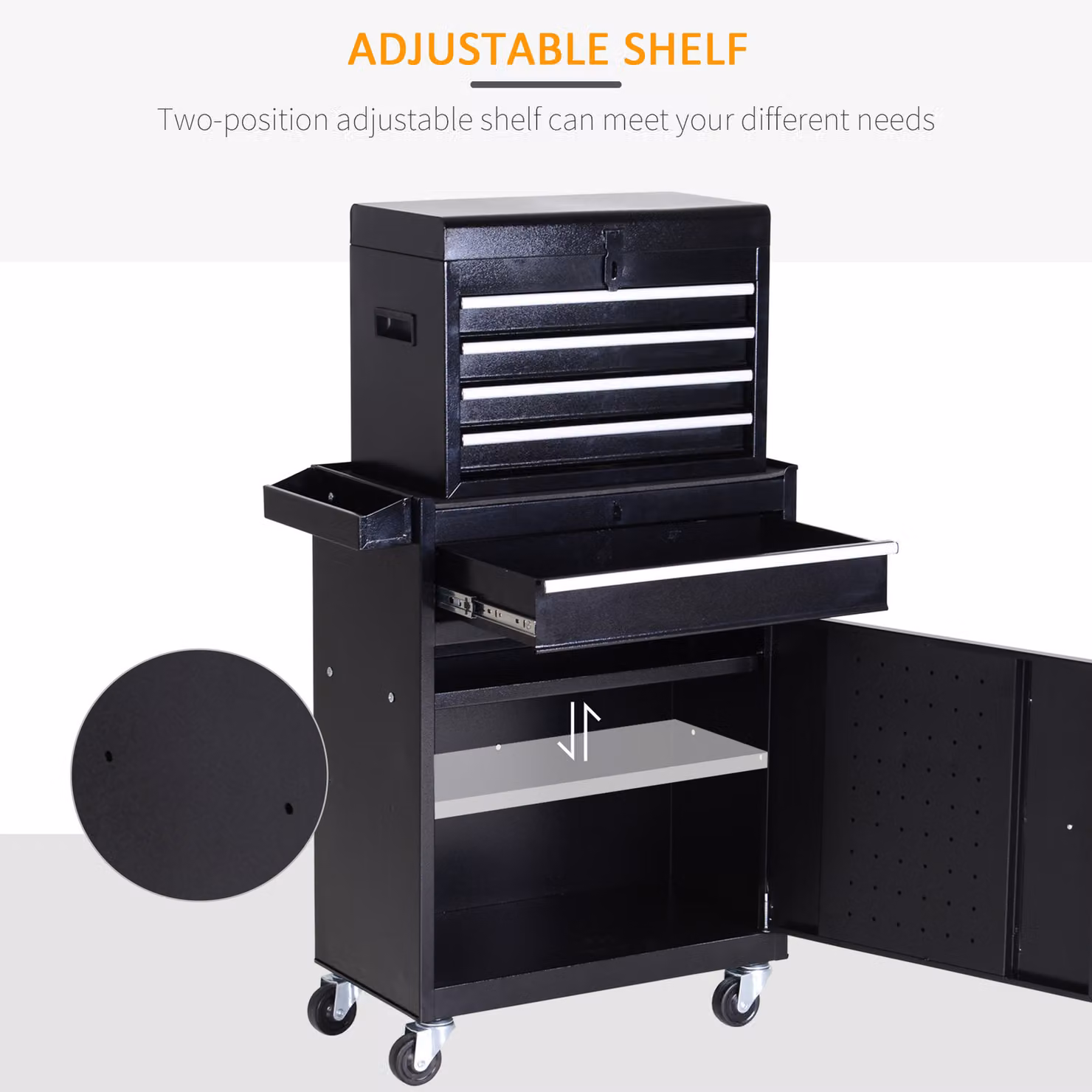 DURHAND Metal Tool Chest with 5 Drawers, Pegboard and Wheels, Black – 9