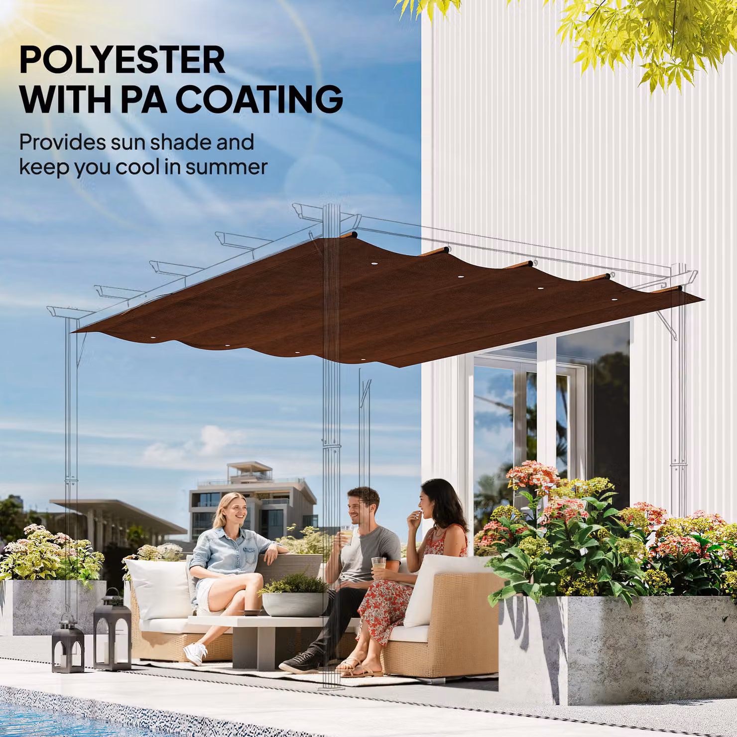 Outsunny Retractable Pergola Roof Sun Shade Cover in Brown, UPF 50+ Protection, W: 3 m, D: 2.15 m – 5