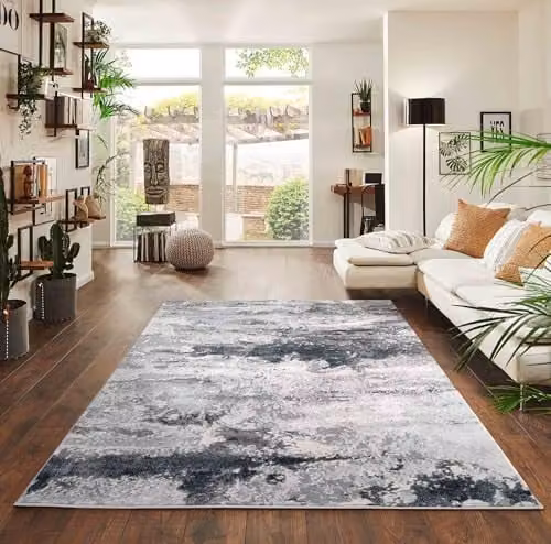 Serdim Rugs Modern Abstract Machine Woven Living Room Area Rug, Silver, W: 200 cm, D: 290 cm