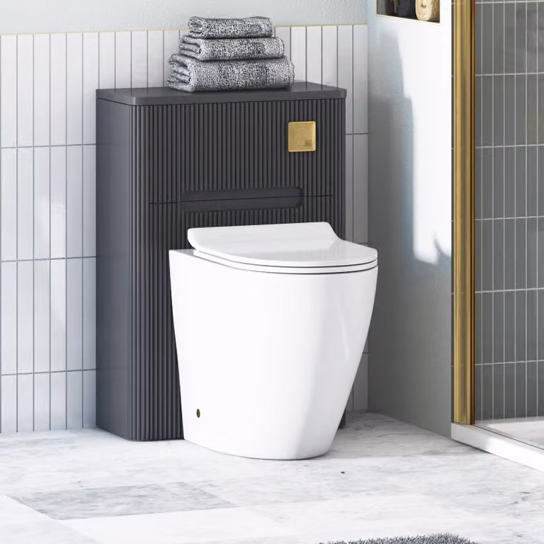 Avenza Matt Obsidian Black BTW WC Unit with Elva Rimless Short Projection Ceramic Toilet Pan, Slim Soft Close Seat and Cistern, Width: 55 cm