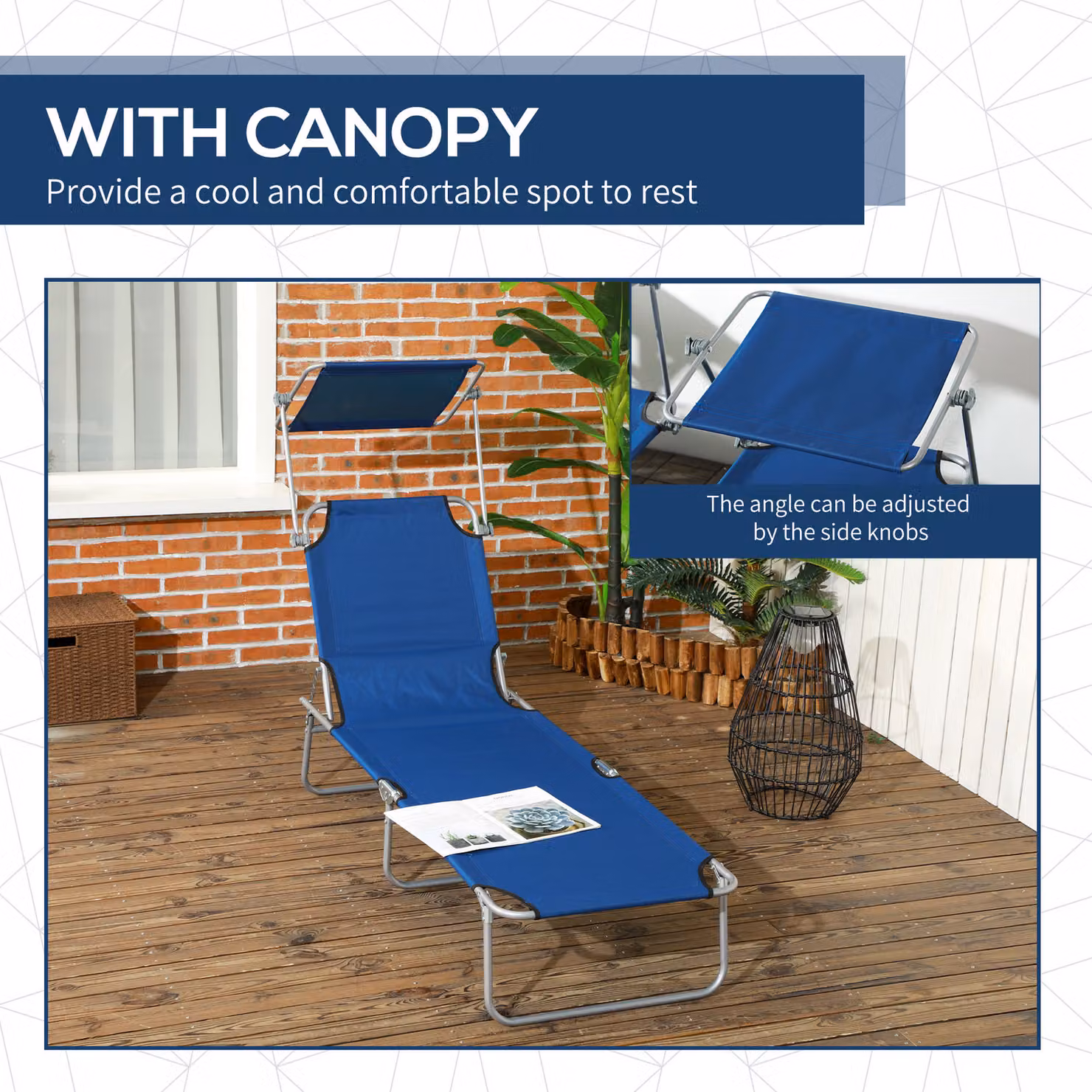 Outsunny Set of 2 Blue Foldable Outdoor Sun Loungers with Adjustable Backrest and Sun Canopy – 6