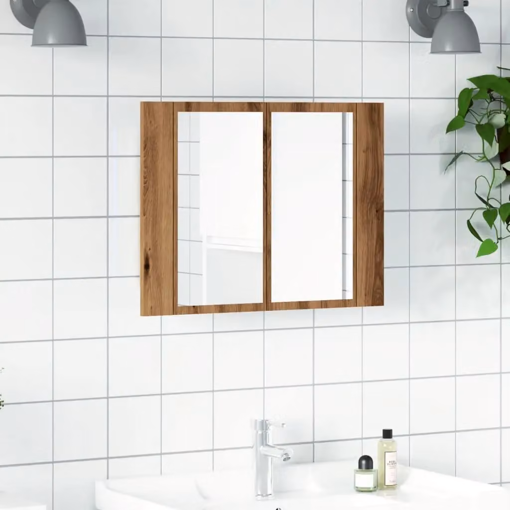 Berkfield Home Artisan Oak LED Mirror Cabinet in Brown, W/D/H: 60 x 12 x 45 cm – 2