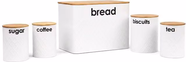 Crystals White 5 Piece Kitchen Storage Set with Bread Bin and Airtight Leakproof Canisters – 1
