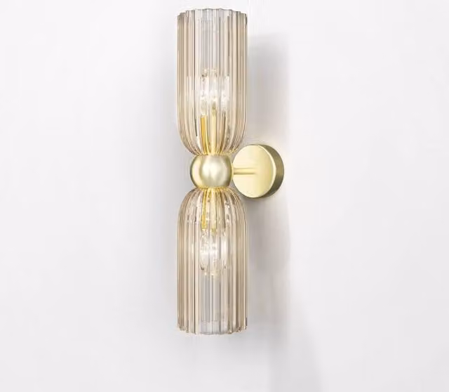 Maytoni Antic Modern 2 Light Up & Down Wall Lamp with Gold/Brass Metal and Cognac Glass Shade, E14