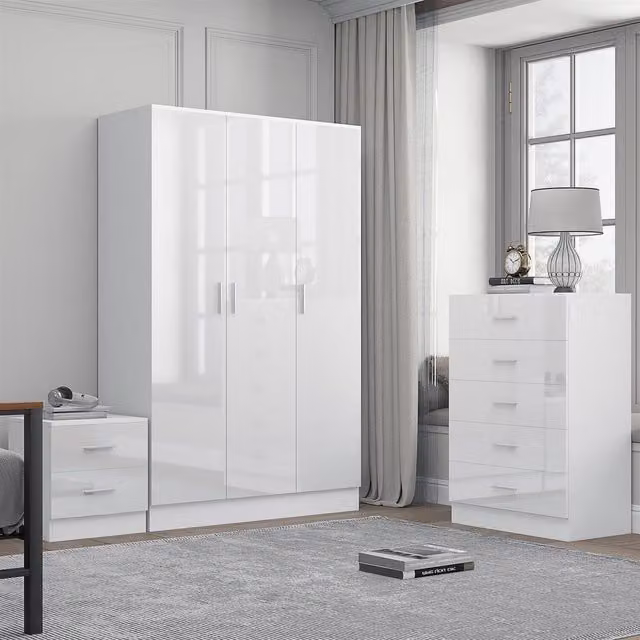 REFLECT Bedroom Furniture Bundle featuring 3-Door Plain Wardrobe, Chest of Drawers and Bedside Table in White Gloss and Matt White