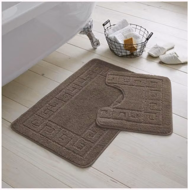Gaveno Cavalia 2 Piece Greek Bath Set in Latte Brown with Non-Slip Bath Mat and WC Pedestal Mat
