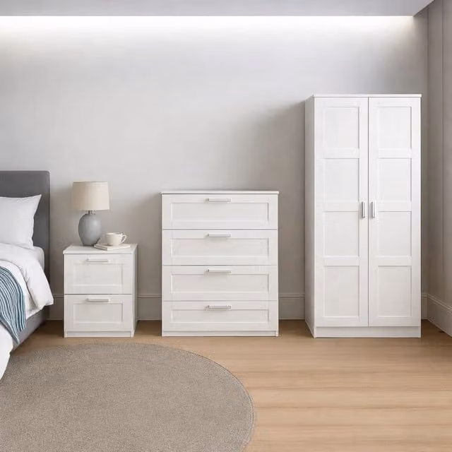 Home Treats White Wooden Bedroom Furniture Set Including Wardrobe, Chest of 4 Drawers and Bedside Table