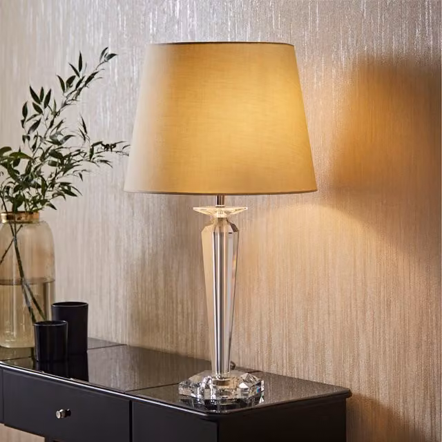ValueLights Davenport Crystal Base Table Lamp with Beige Fabric Shade in Silver