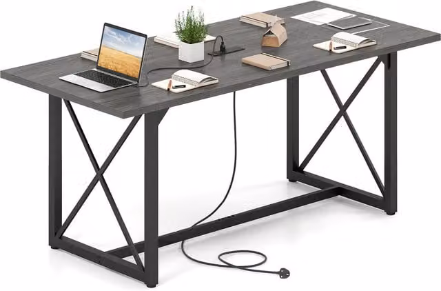 COSTWAY Industrial Rectangular Conference Table with X-Frame Metal Legs in Black and Grey Matt Finish