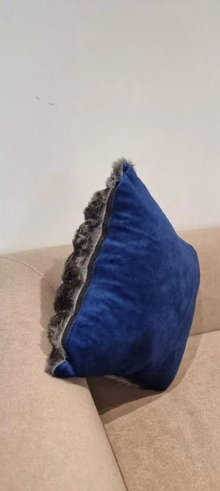 Celebrity Interiors Neoma Blue and Grey Faux Fur and Velvet Square Cushion W/D/H: 45.72 x 45.72 x 45.72 cm