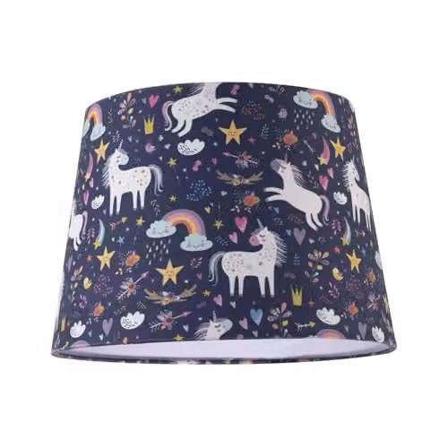 Happy Homewares Blue Unicorn Themed Childrens Fabric Lampshade with Rainbows and Stars, W/H: 18 x 25 cm – 1