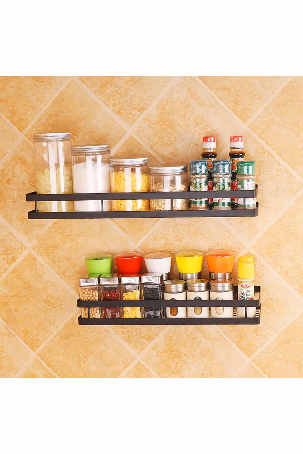 Living and Home Wall Mounted Metal Storage Shelf and Kitchen Spice Rack in Black