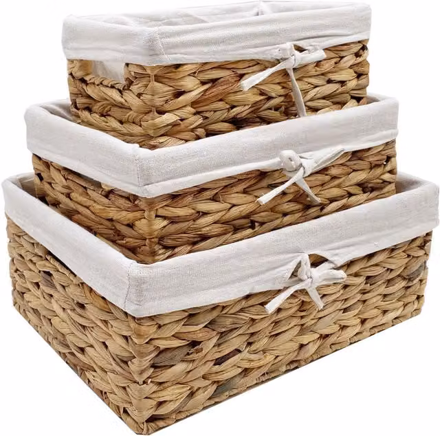 Topfurshing Natural Woven Water Hyacinth Deep Rectangle Basket Hamper with Lining in Beige and Yellow, Width: 30 cm