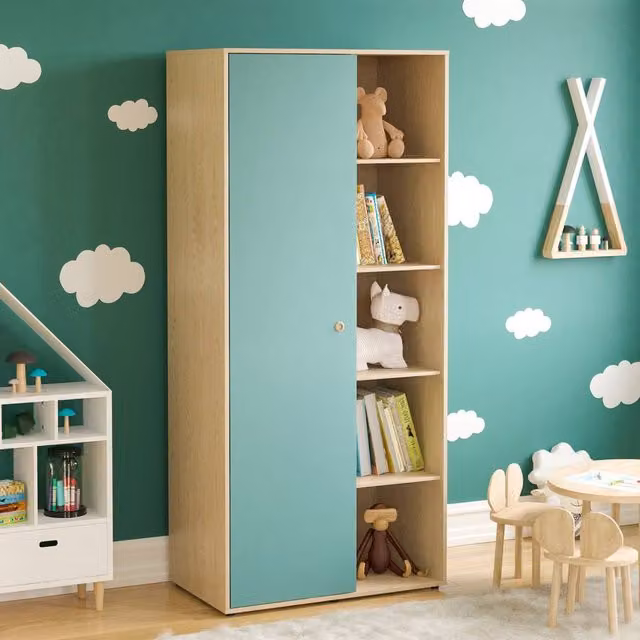 HD Designs Neptune 1 Door Wardrobe with 5 Shelves and Hanging Rod in Blue
