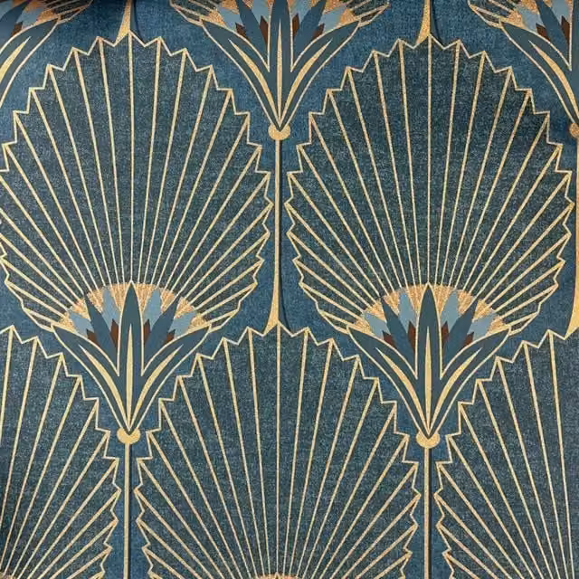 Grandeco Art Deco Nile Palm Botanical Wallpaper in Petrol, Gold, Green and Black