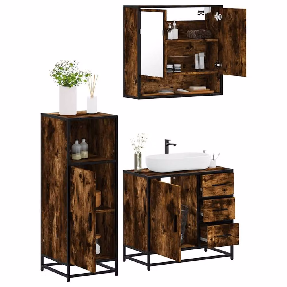 Berkfield Home 3 Piece Industrial Bathroom Furniture Set in Smoked Oak Brown – 2