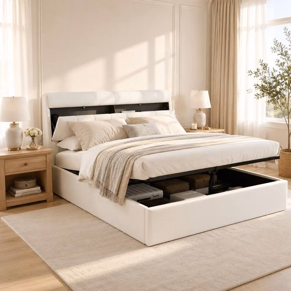 Merax Double Upholstered Ottoman Storage Bed with Headboard in White, W/D/H: 135 x 190 cm – 3