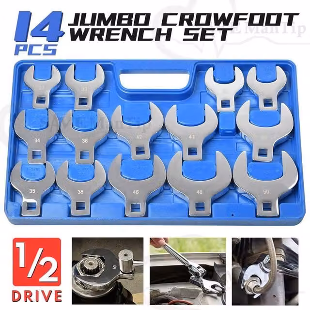 SPETLEK 14pc 1/2 inch Drive Jumbo Crow Foot Flare Nut Spanner Set in Silver