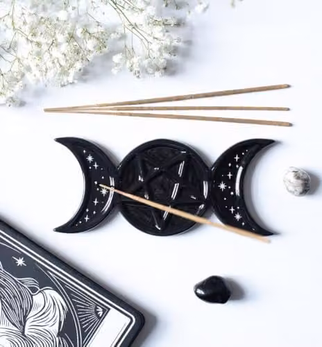 Something Different Wholesale Spellbound Secrets Triple Moon Ceramic Incense Stick Holder in Black and White – 2