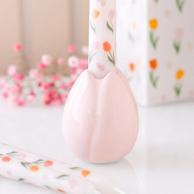 Uniqueful Pink Tulip Shaped Ceramic Taper Candle Holder