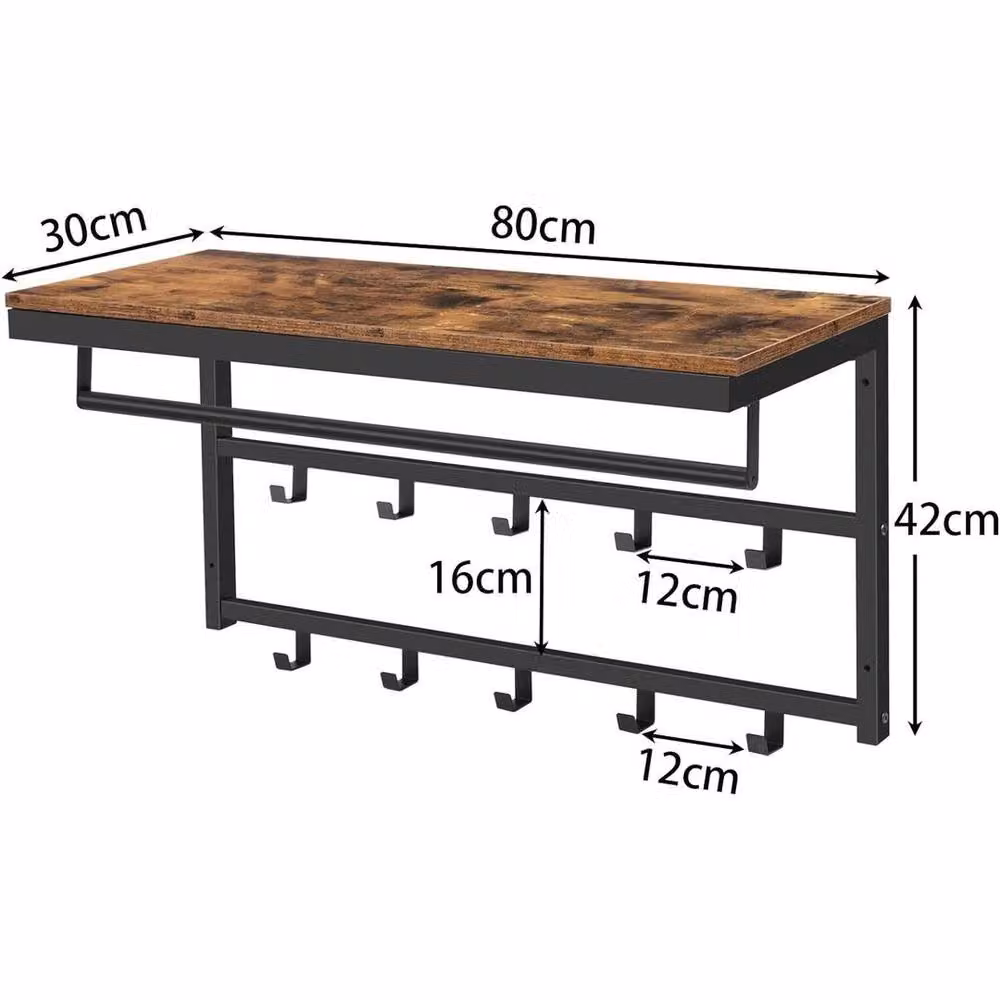 SPETLEK Rustic Brown and Black Wood and Metal Coat Rack with Dual Hook and Rail Matrix, W: 100 cm, H: 42 cm, D: 30 cm – 2