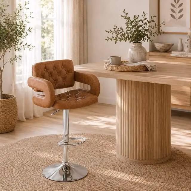 Wyld Haus Dovetti Brown Faux Leather Adjustable Swivel Bar Stool with Armrests – 1