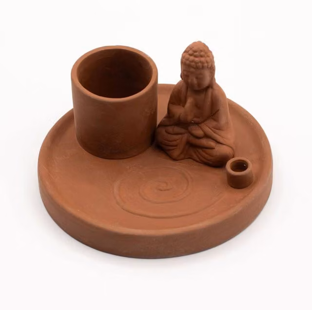 KDMD Round Ceramic Buddha Incense Plate in Brown and Red