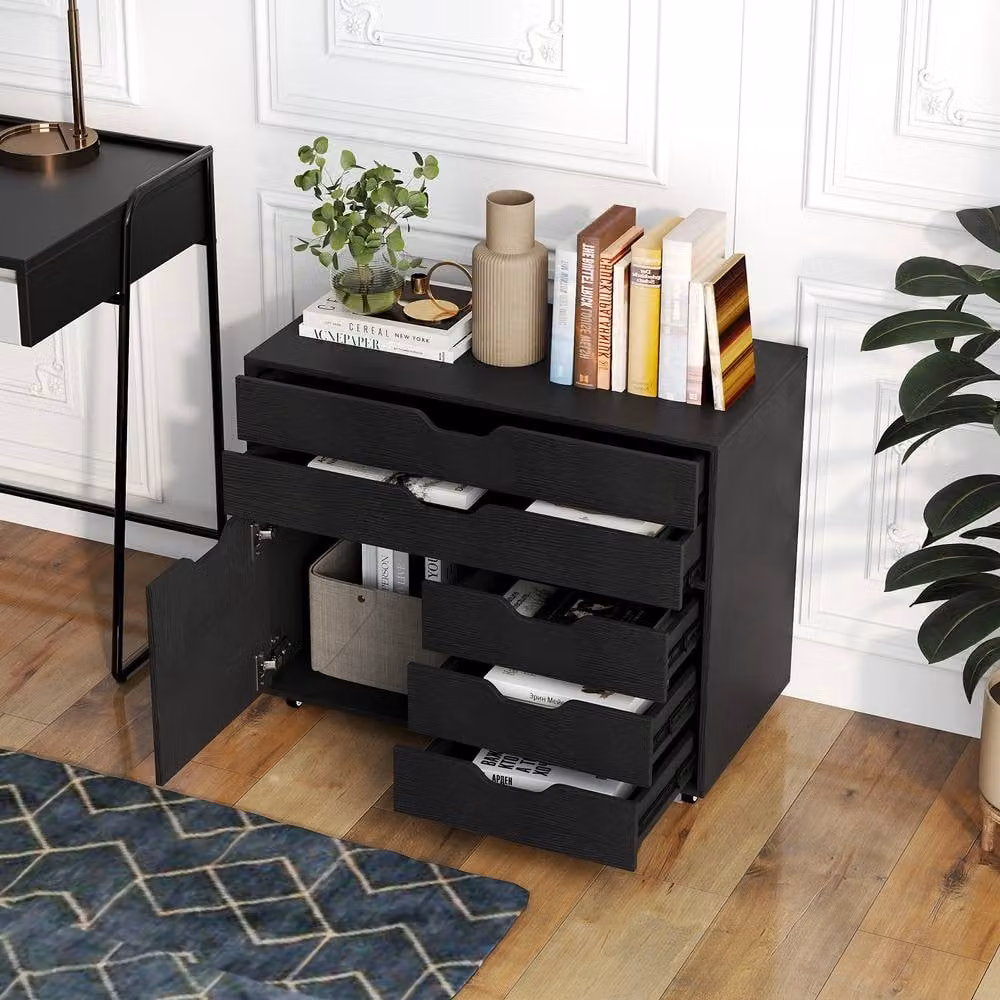 Gymax Mobile Chest of Drawers and Lateral File Cabinet with Printer Stand and Doors in Black – 7