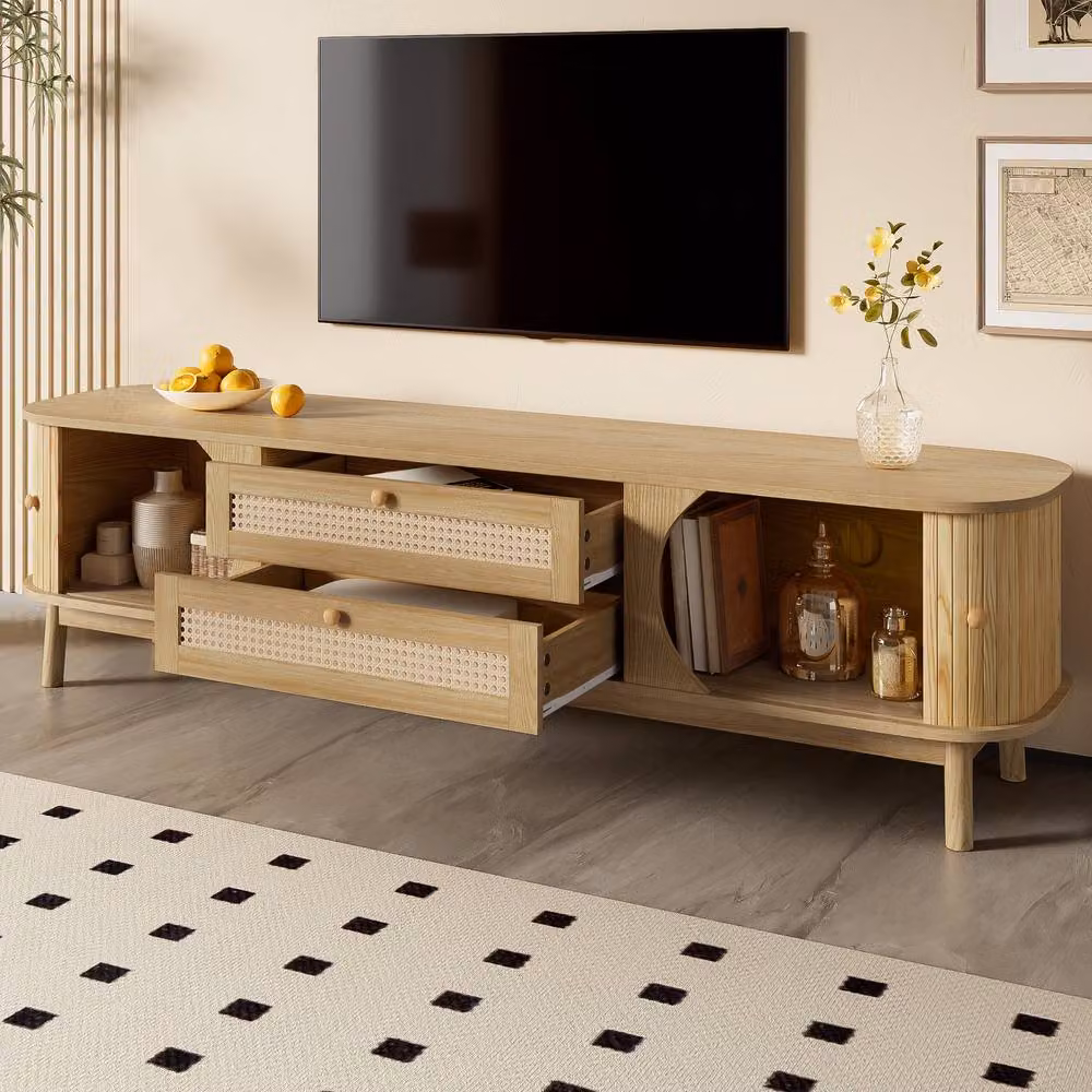 Merax Rattan TV Cabinet with Sliding Doors and Drawers in Sand Beige – 2